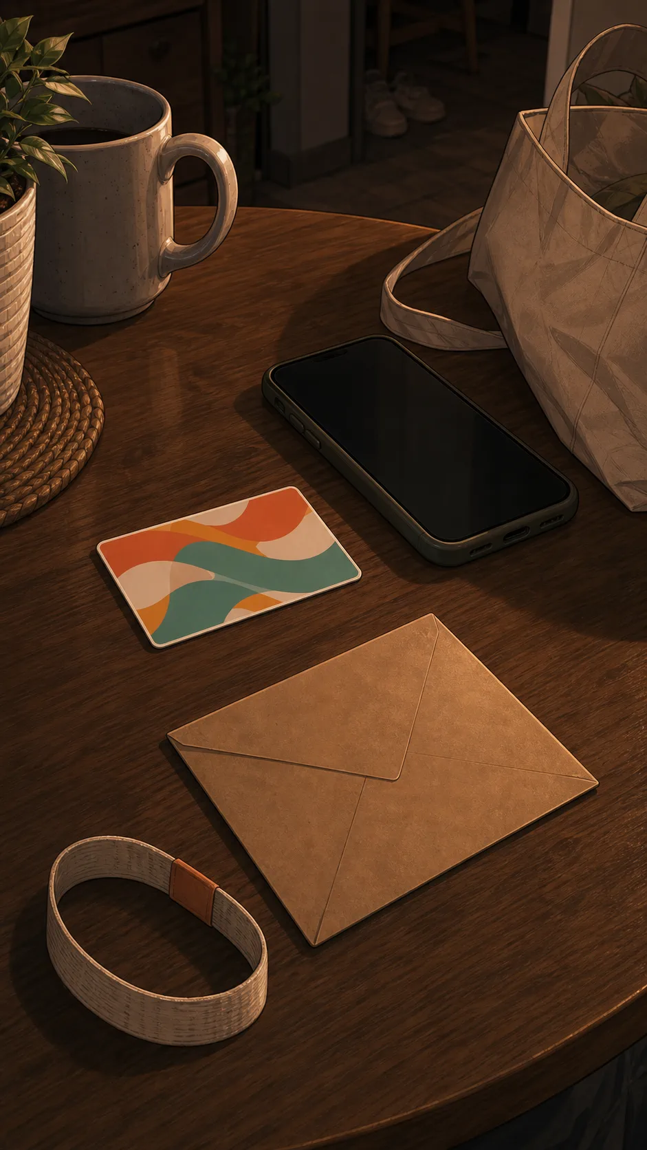 A blank gift card, wristband, and phone sit on a table.