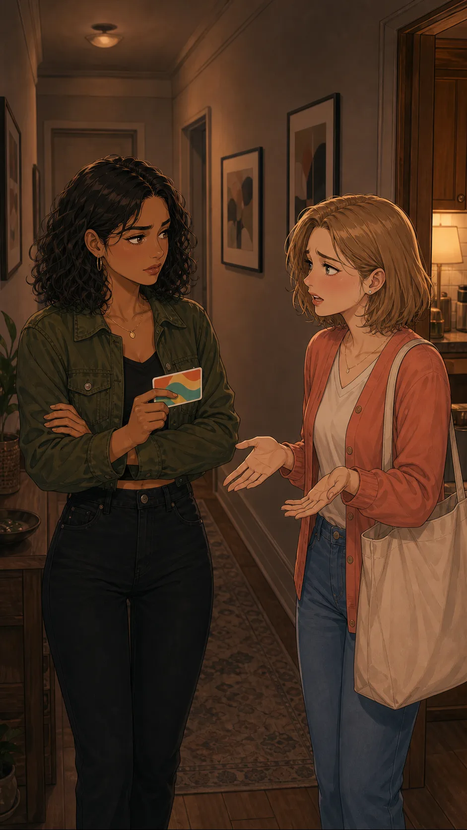 Nora explains herself while Maya listens in the hallway.