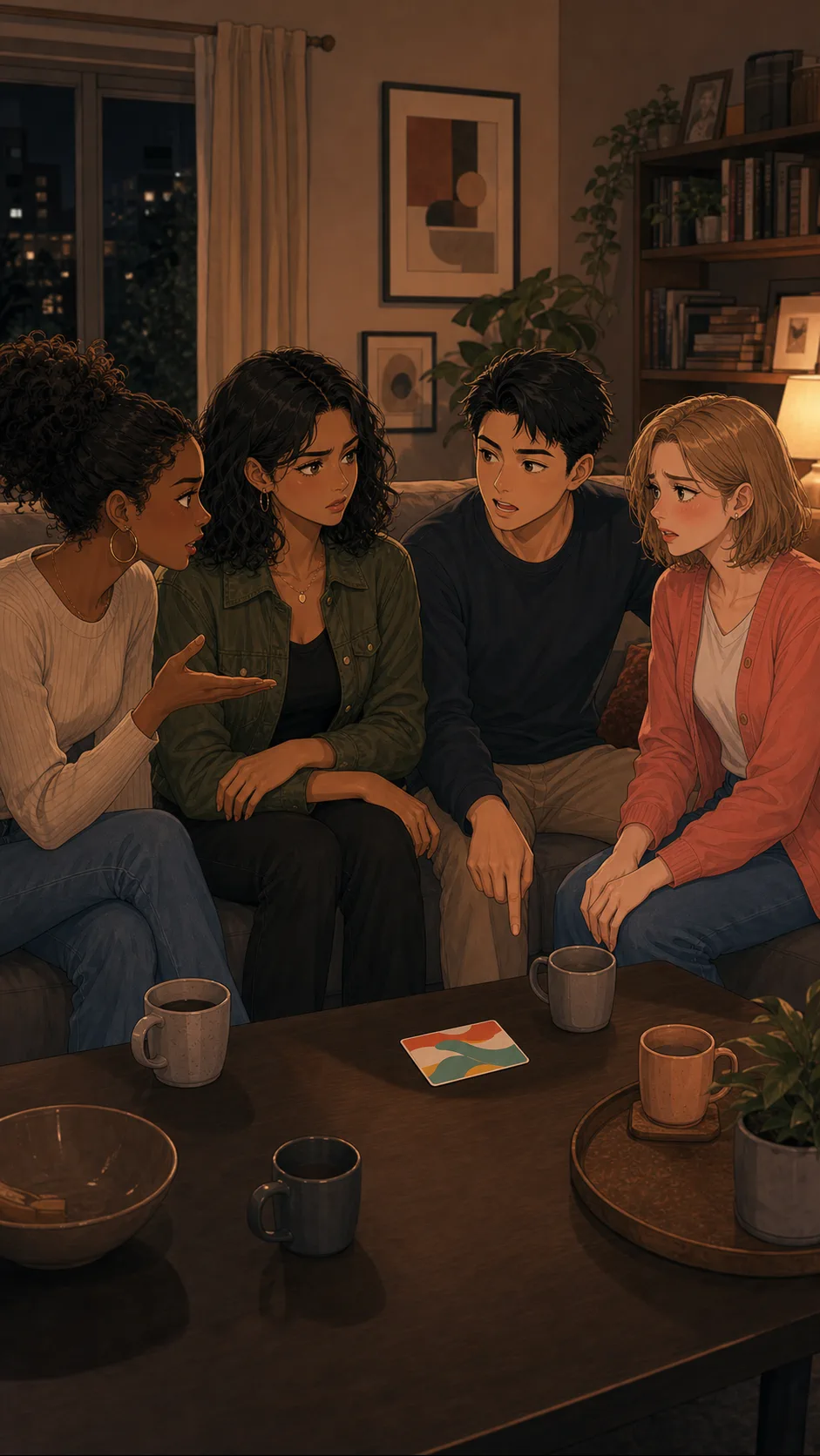 Friends debate the gift card payback in a living room.