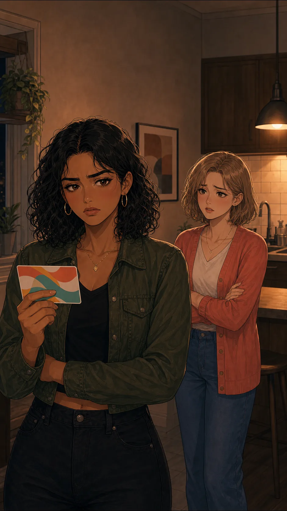 Maya holds a gift card while deciding what to do next.