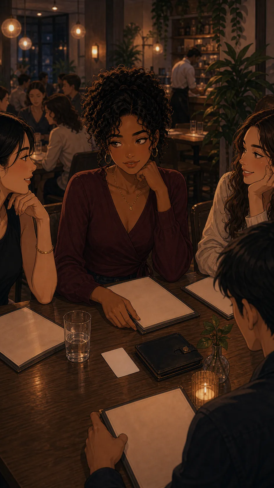 Talia sits at a generic restaurant table with a blank gift card beside her wallet.