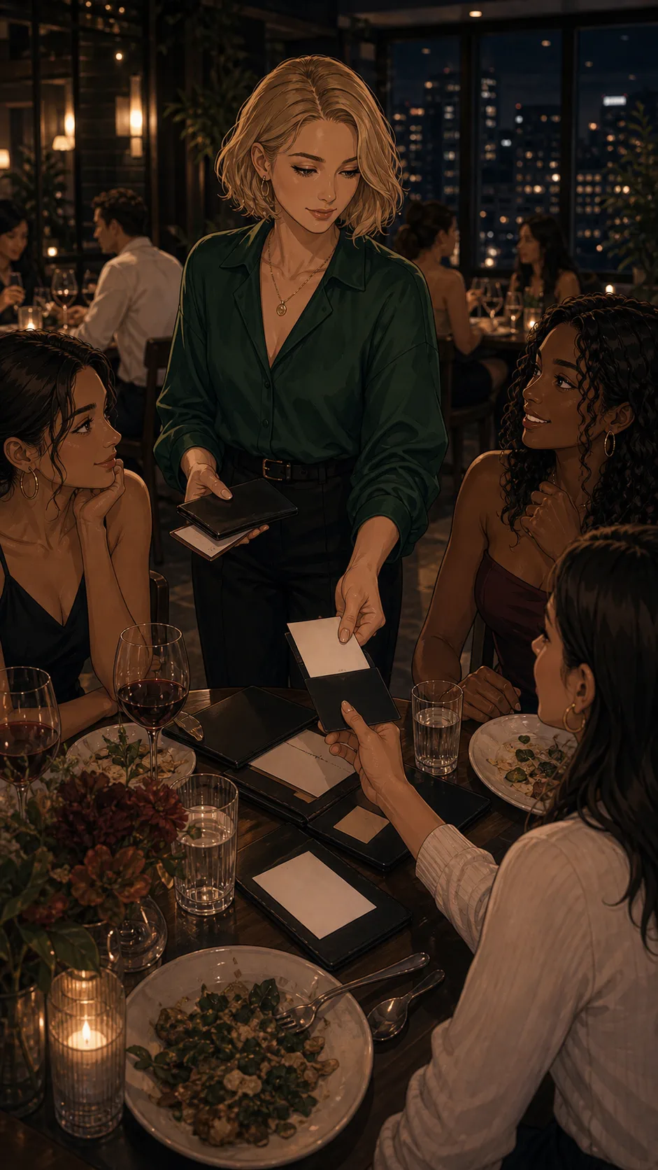 Brooke collects payment items at a group dinner table.