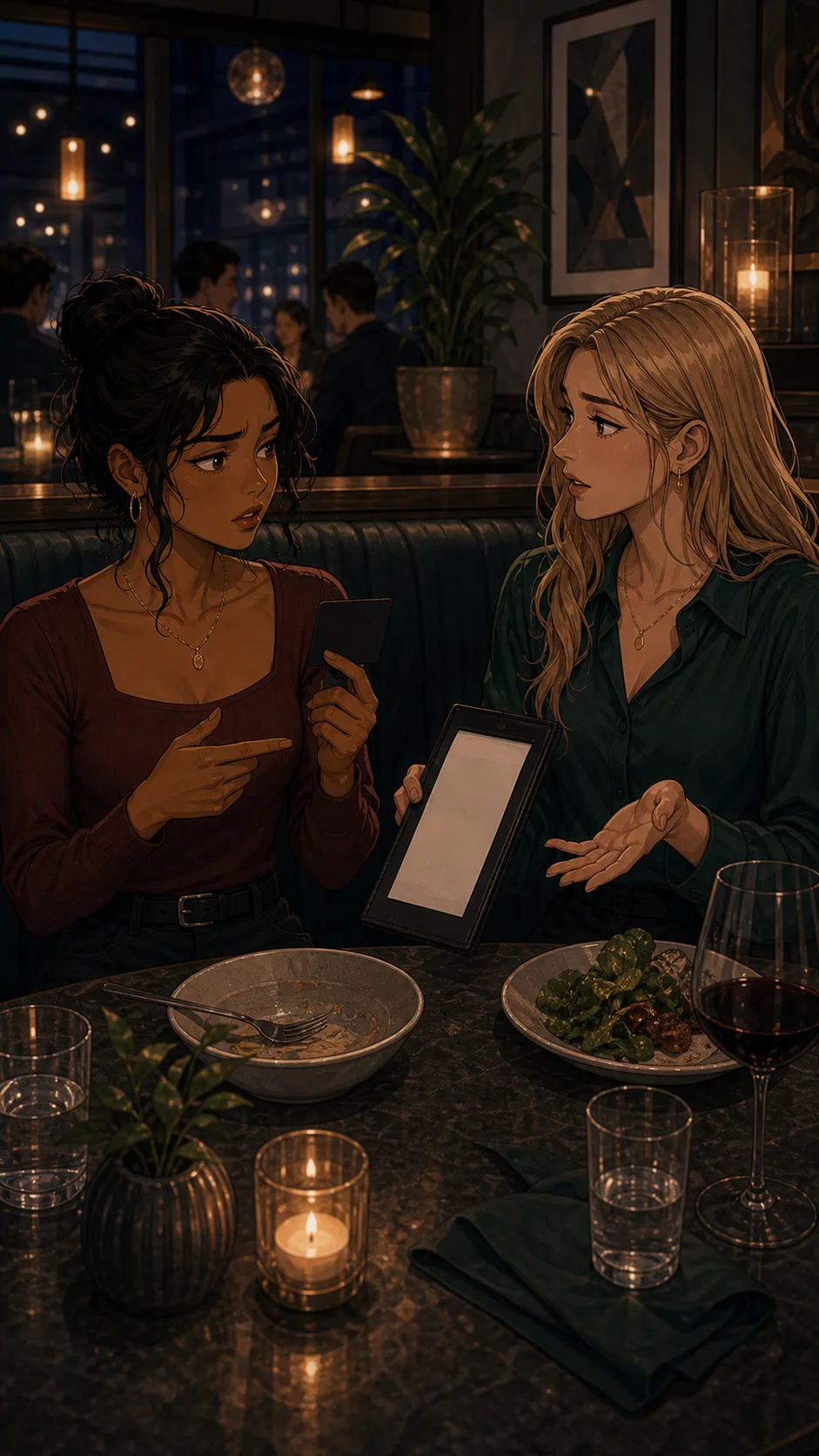 Talia and Brooke discuss the gift card balance at the dinner table.