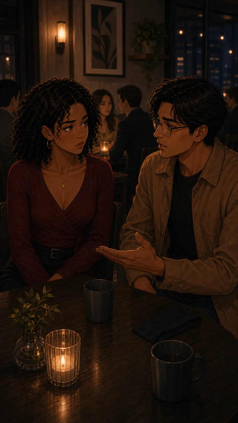 Sam talks with Talia in a quiet restaurant corner.