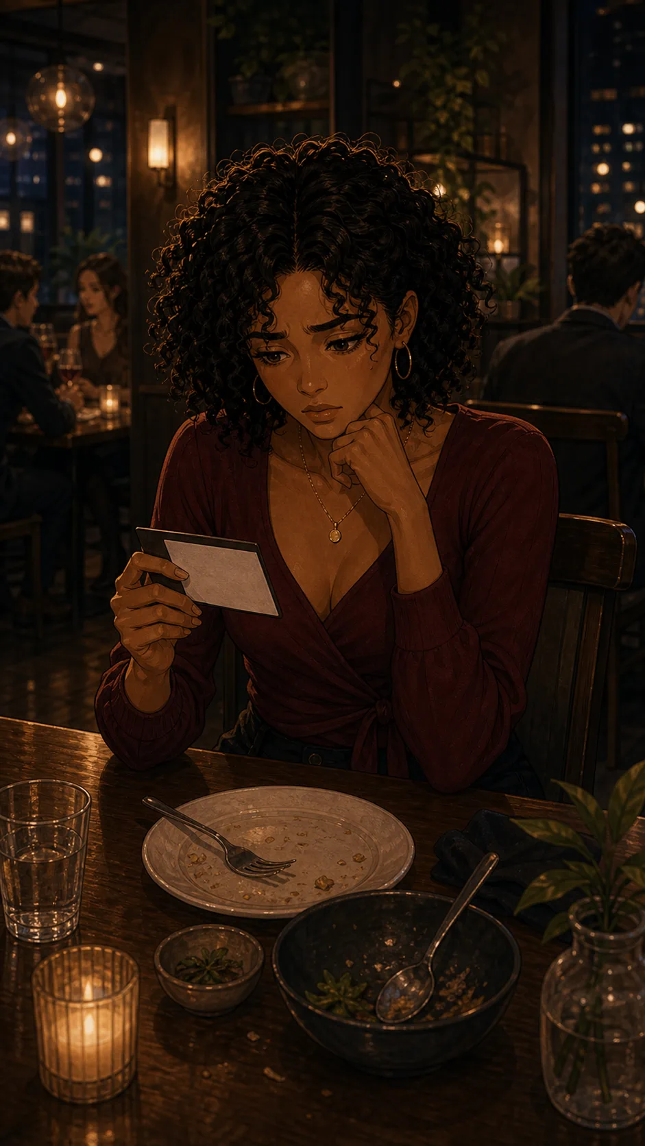 Talia sits alone with a blank gift card sleeve after dinner.