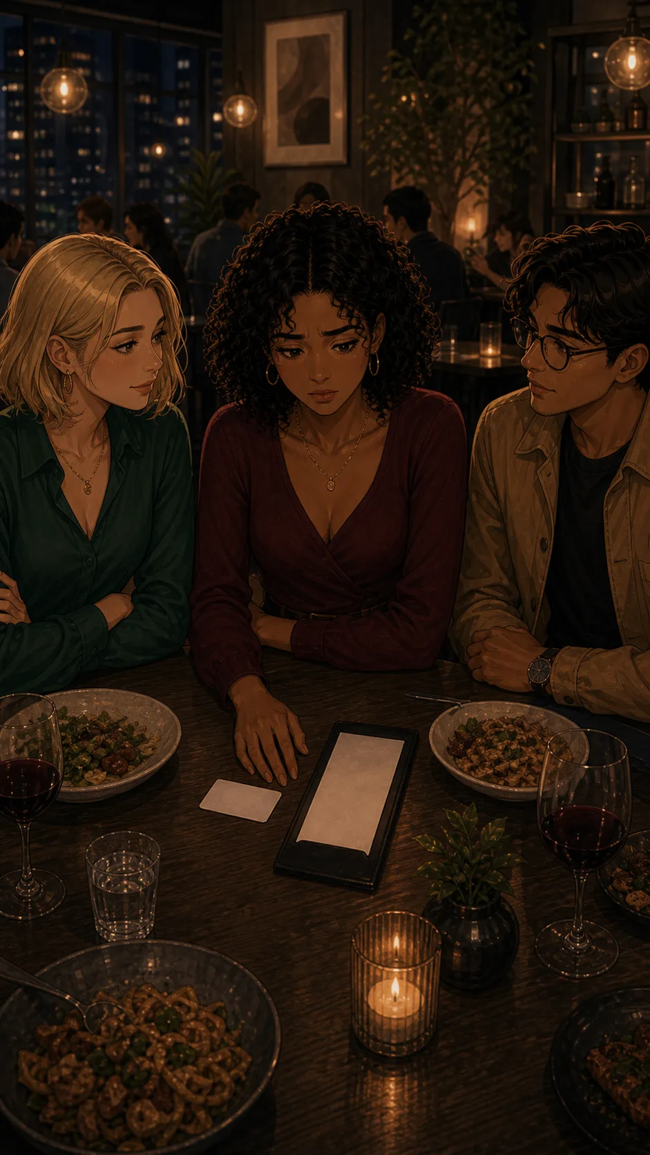 Talia stands at the dinner table as the group considers the split.