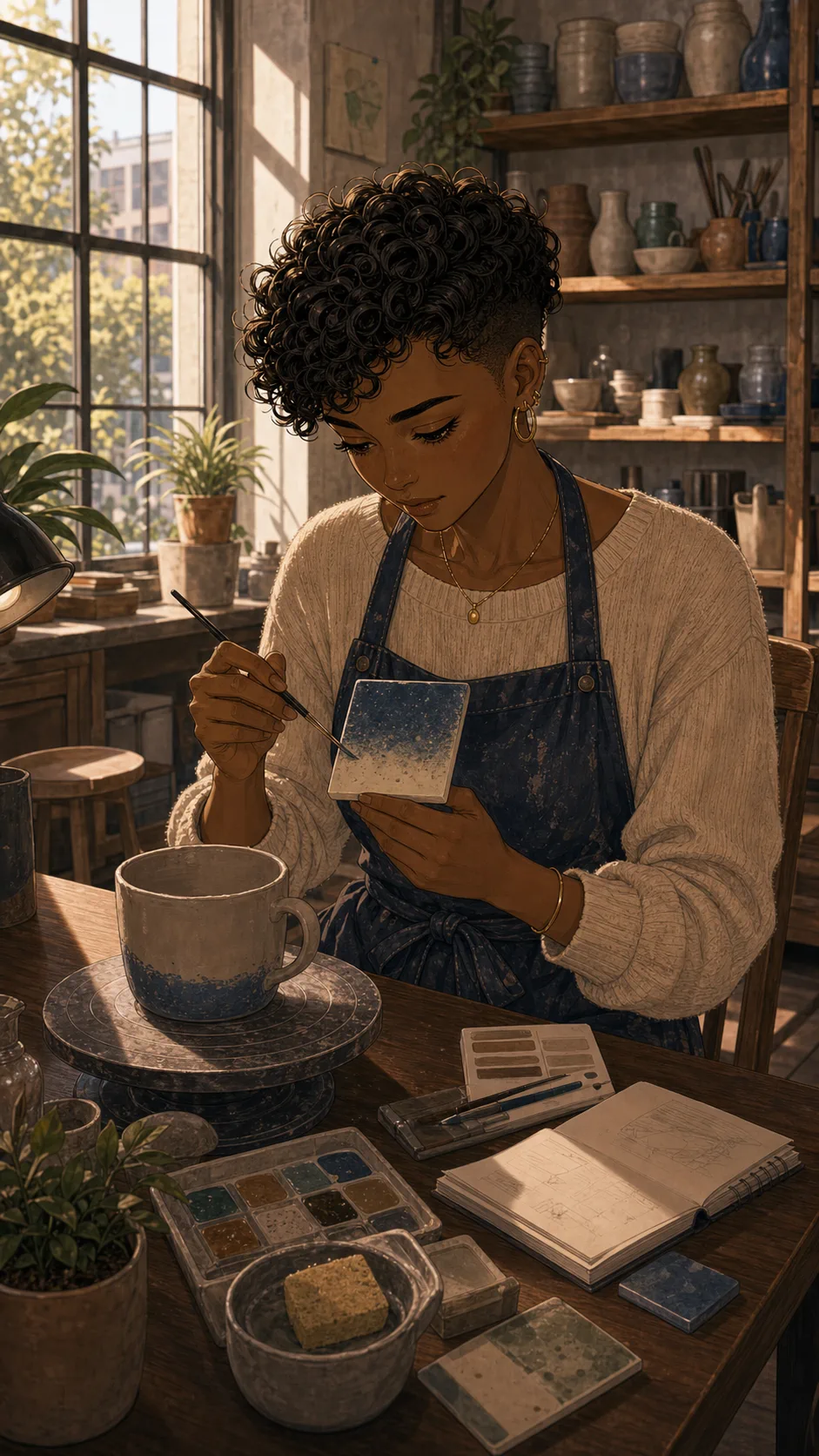Mara paints a blue-and-cream glaze test tile in a pottery studio.