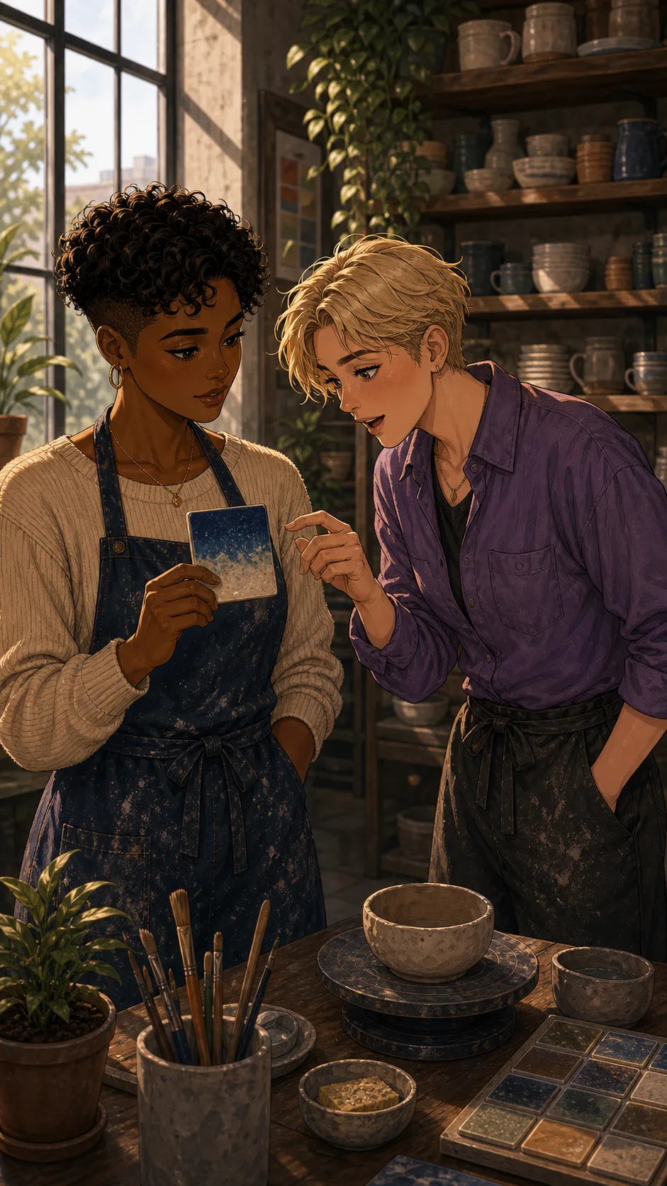 Jules looks at Mara's glaze test tile.