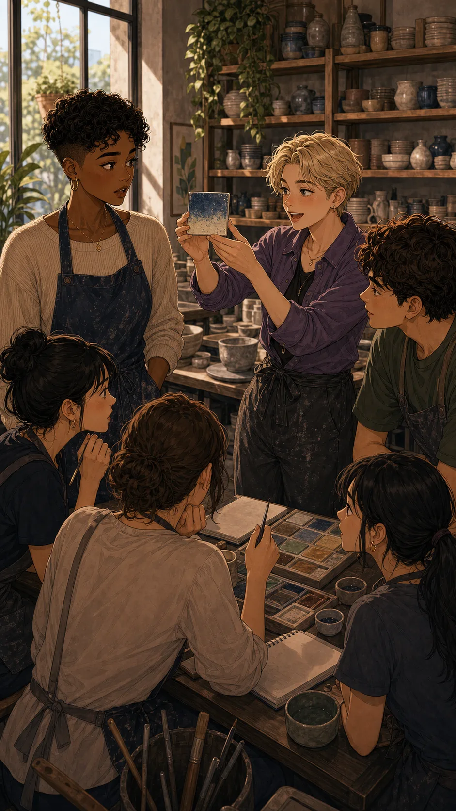Students gather around Mara's glaze tile as Jules demonstrates.