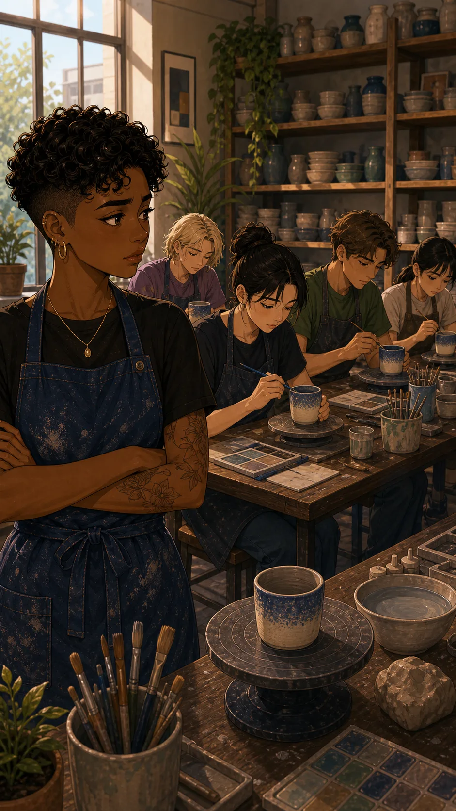 Students copy Mara's blue-and-cream glaze colors.