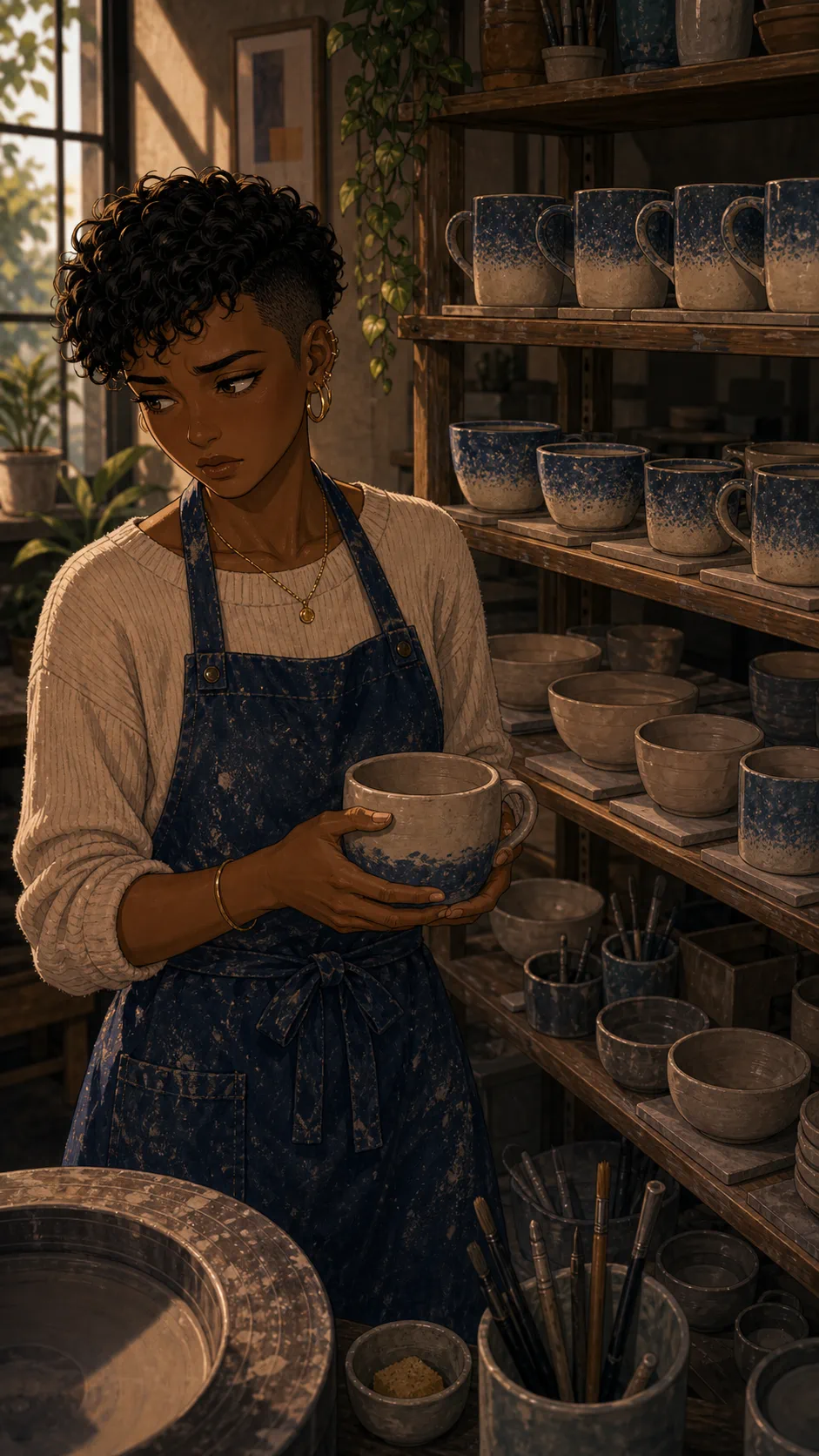 Mara holds her unfinished mug while copied pieces dry nearby.