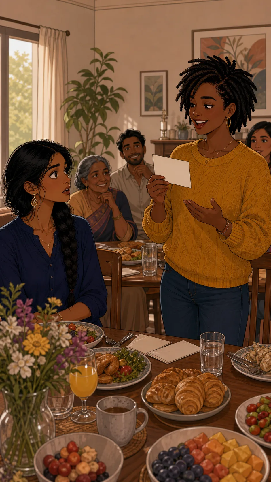 Maren reads a blank goal card aloud while Priya freezes.