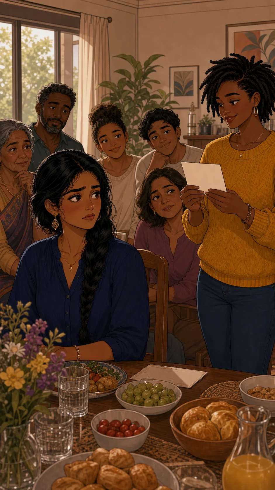 Family members look toward Priya after recognizing her goal card.