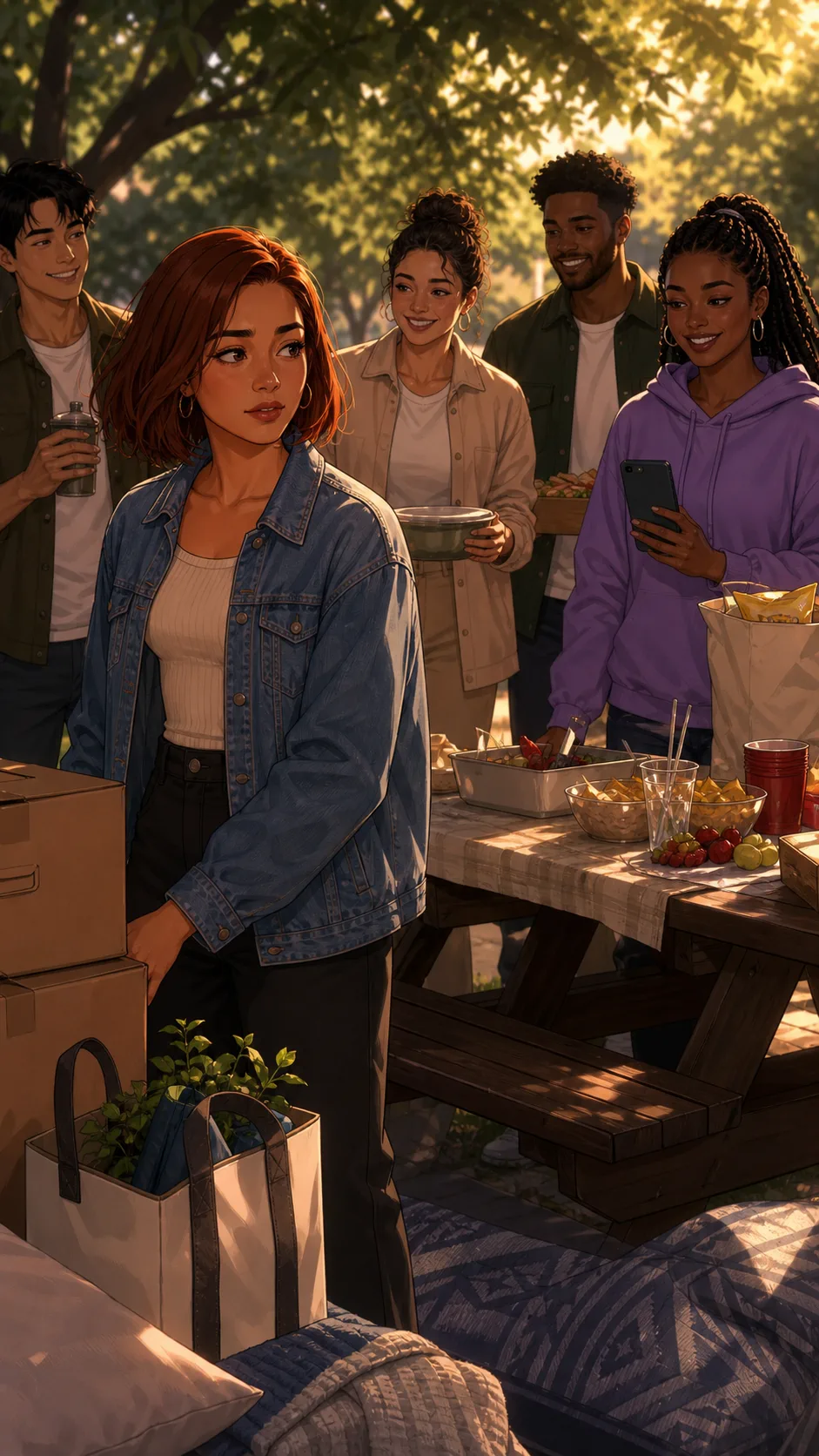 Avery welcomes friends to a small farewell picnic with generic moving boxes nearby.