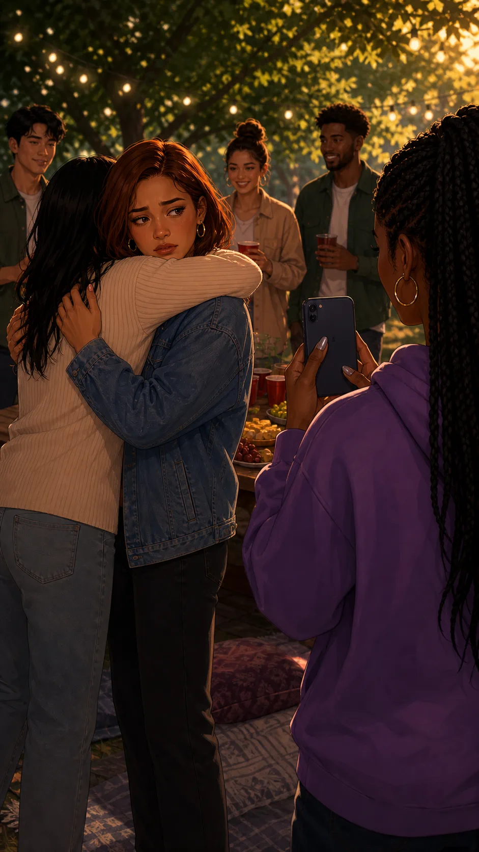 Avery shares an emotional goodbye hug while Sloane films from a distance.