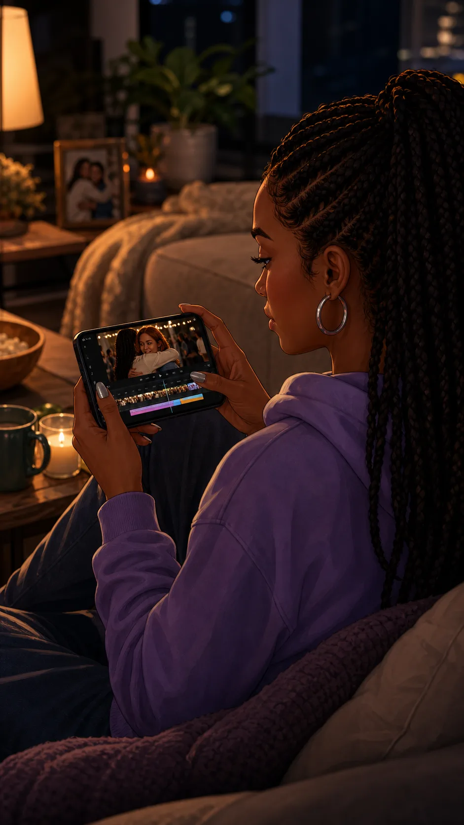 Sloane edits a recap on her phone with the screen facing her.