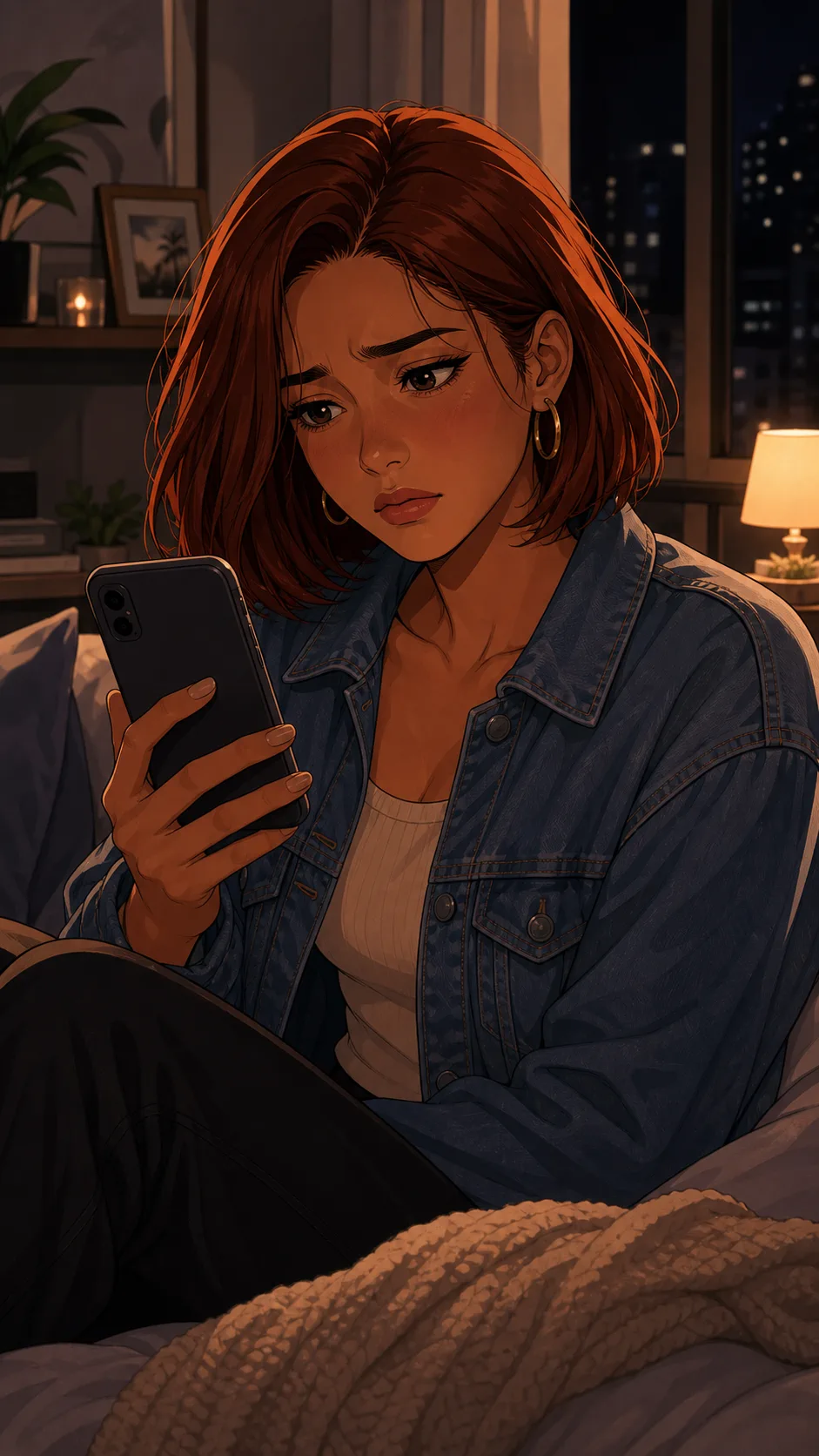 Avery watches the recap with the phone screen facing her and looks uncomfortable.