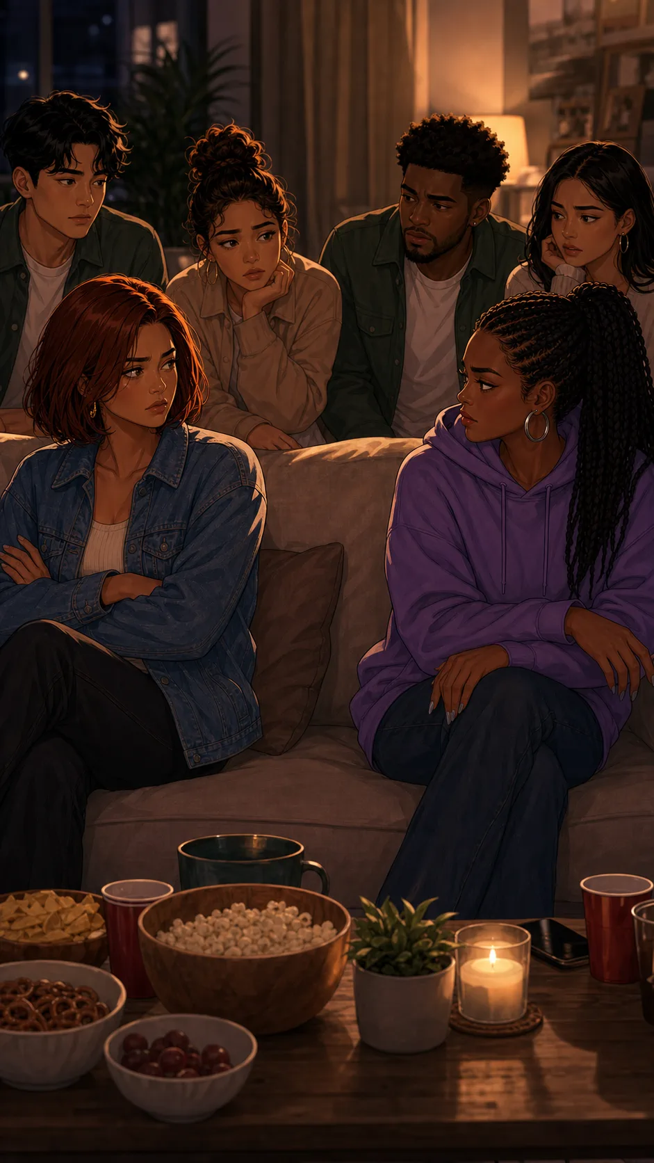 Avery and Sloane sit apart during a group watch night after the recap pauses.