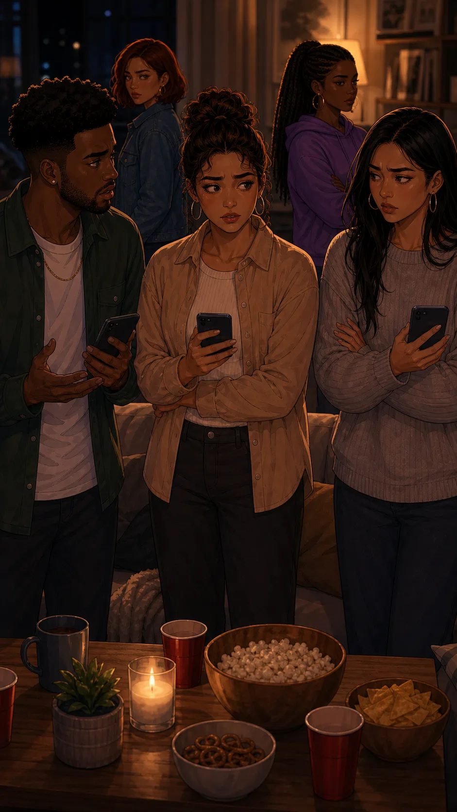Friends debate the recap with their phones angled away from the viewer.