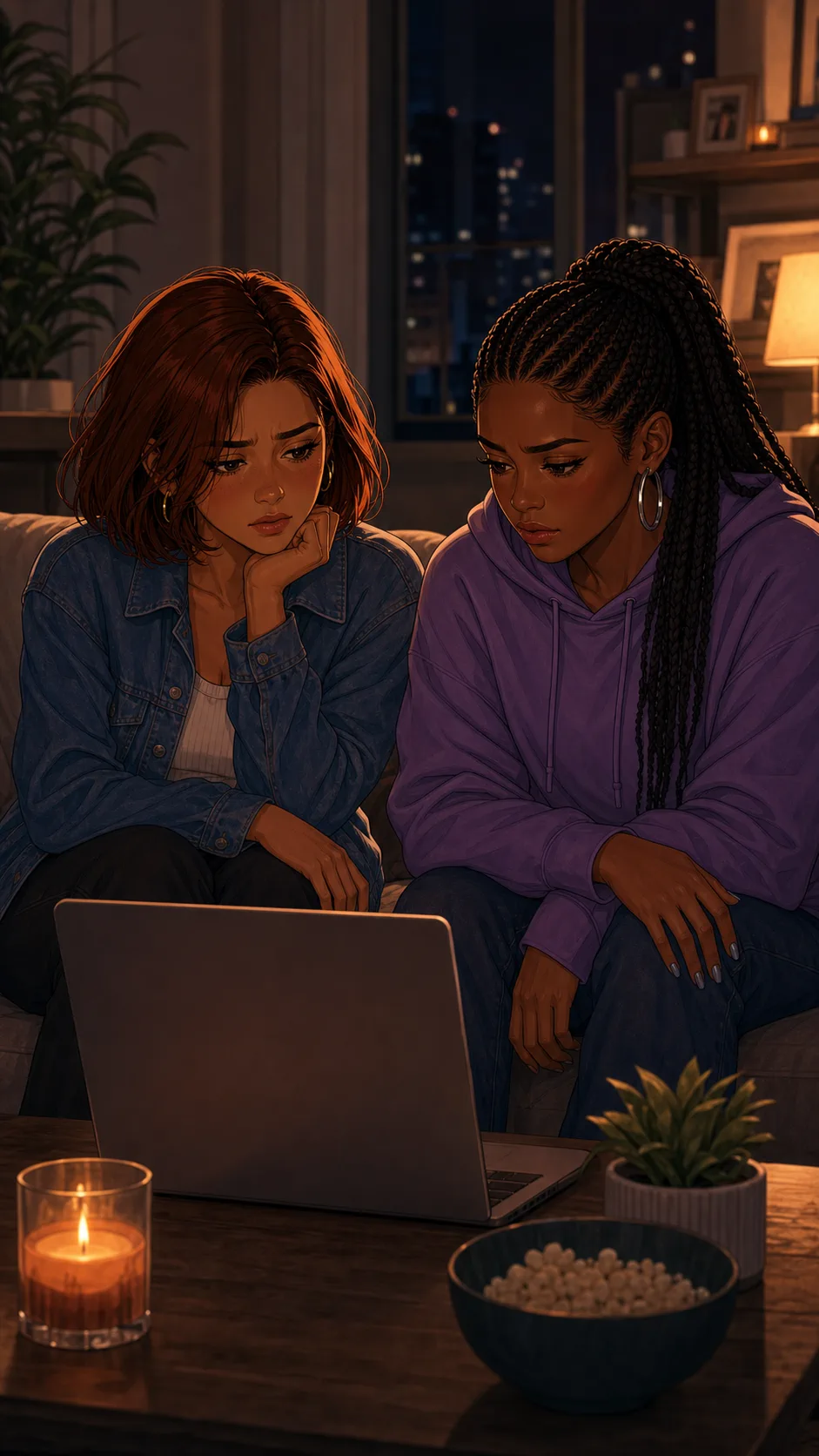 Avery and Sloane sit near a paused laptop angled toward them.