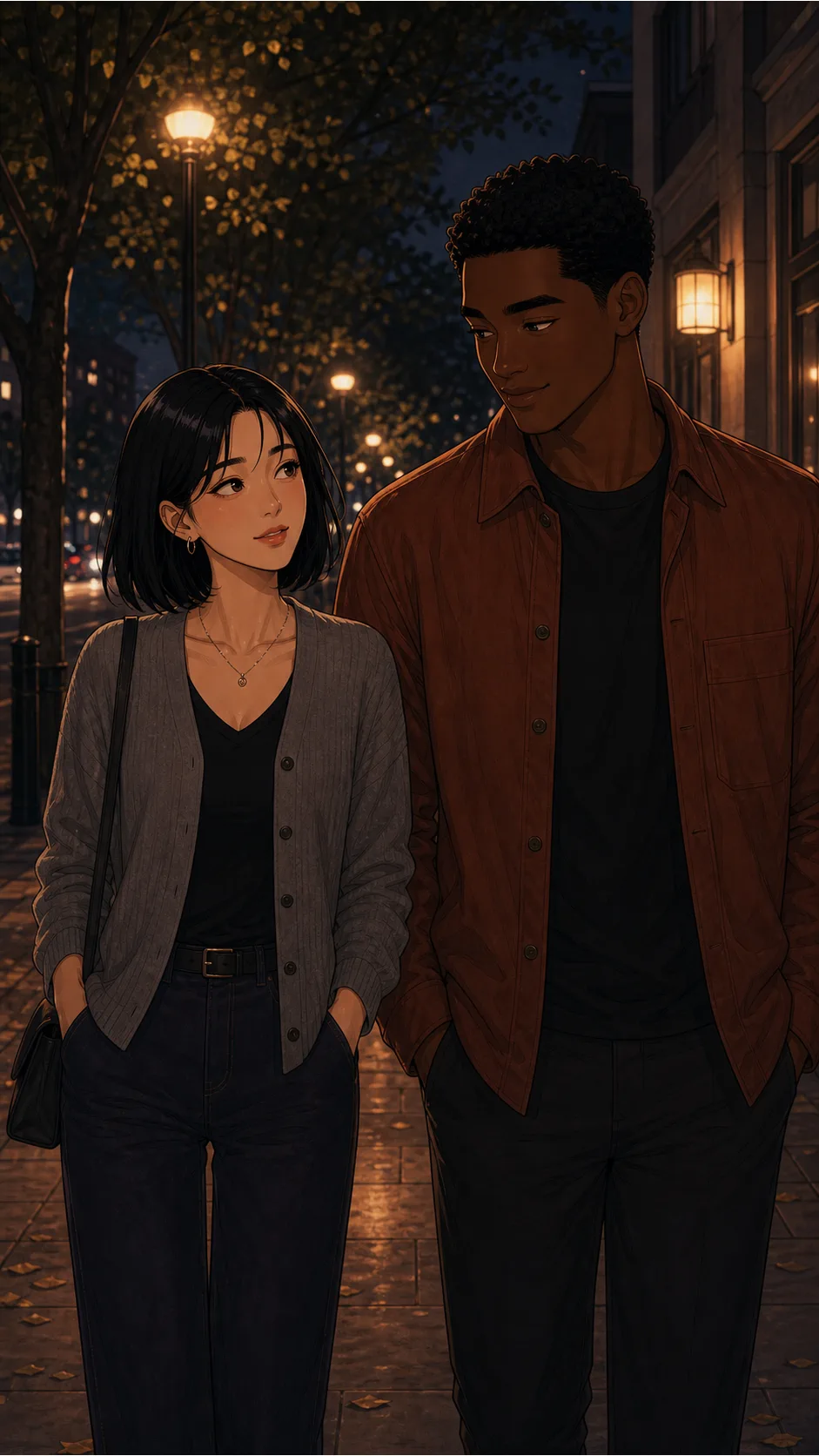 Iris and Caleb walk together after a quiet date.