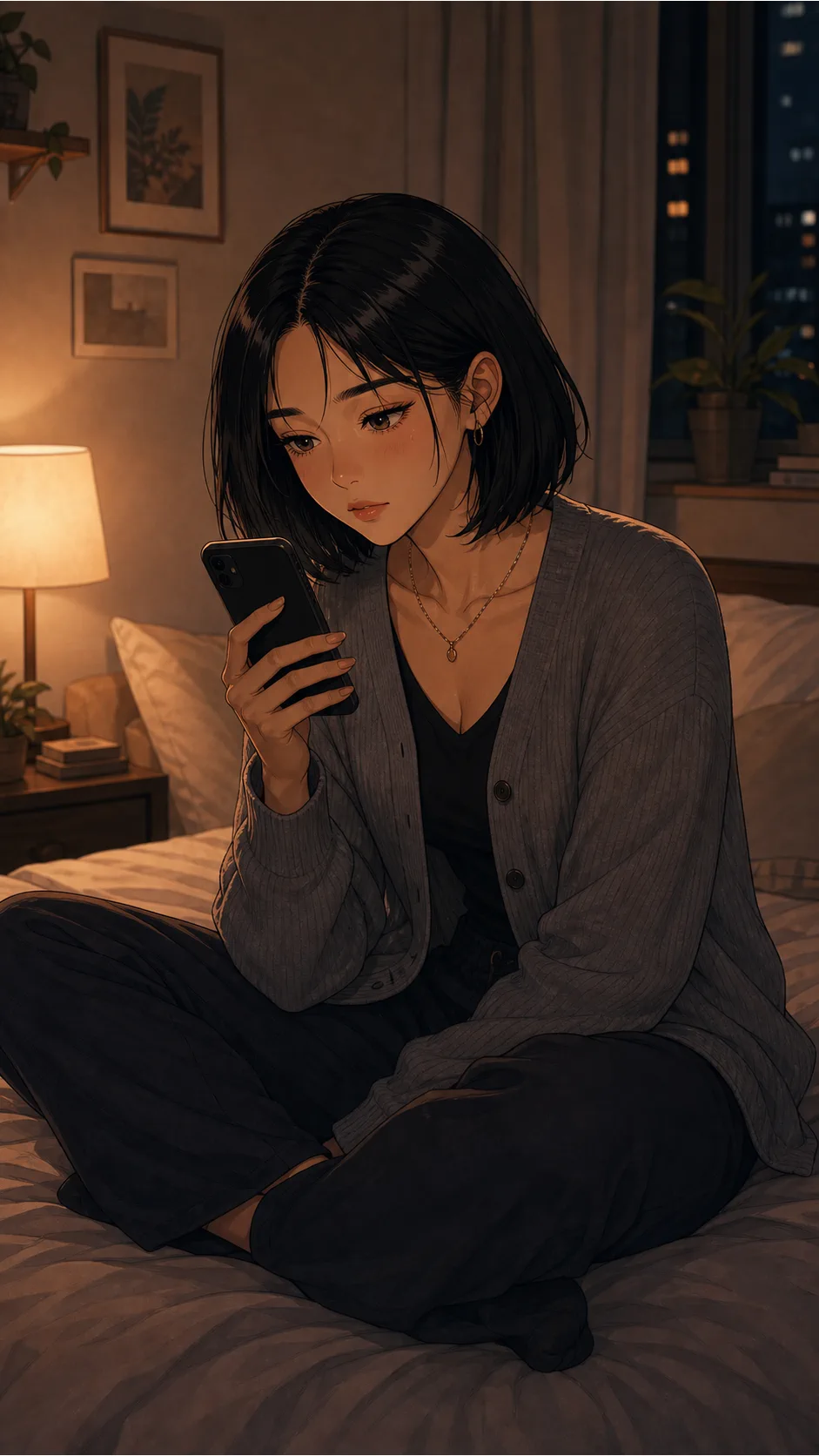 Iris sends a private goodnight text from her bedroom.
