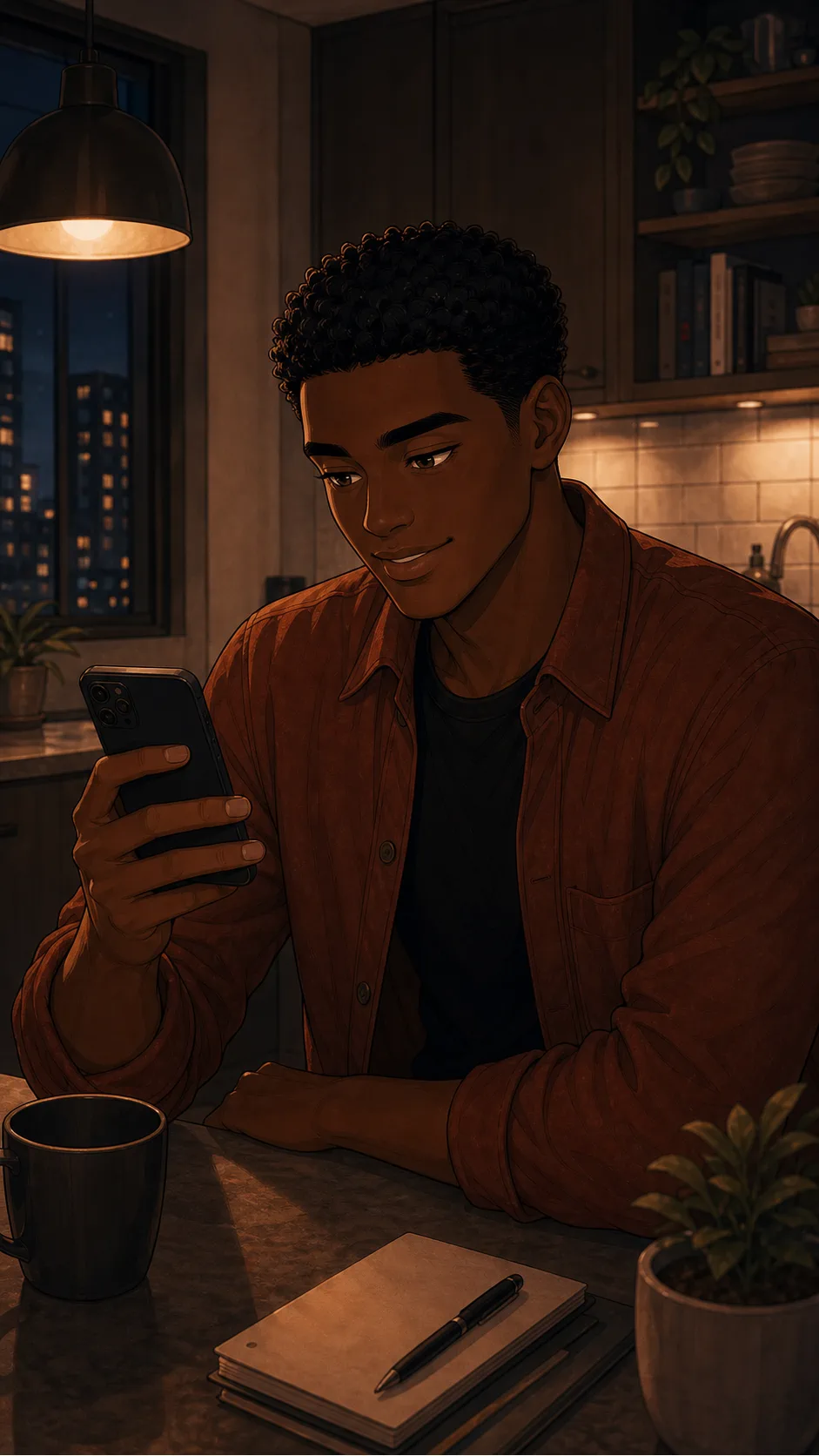 Caleb smiles while editing his profile on his phone.