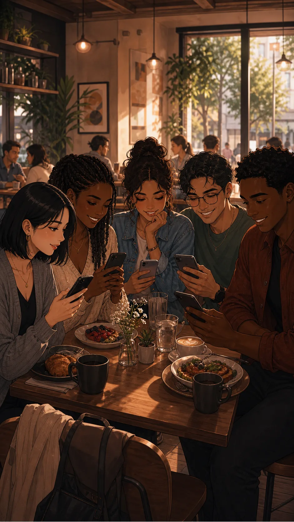 Mutual friends react to Caleb's updated profile at brunch.