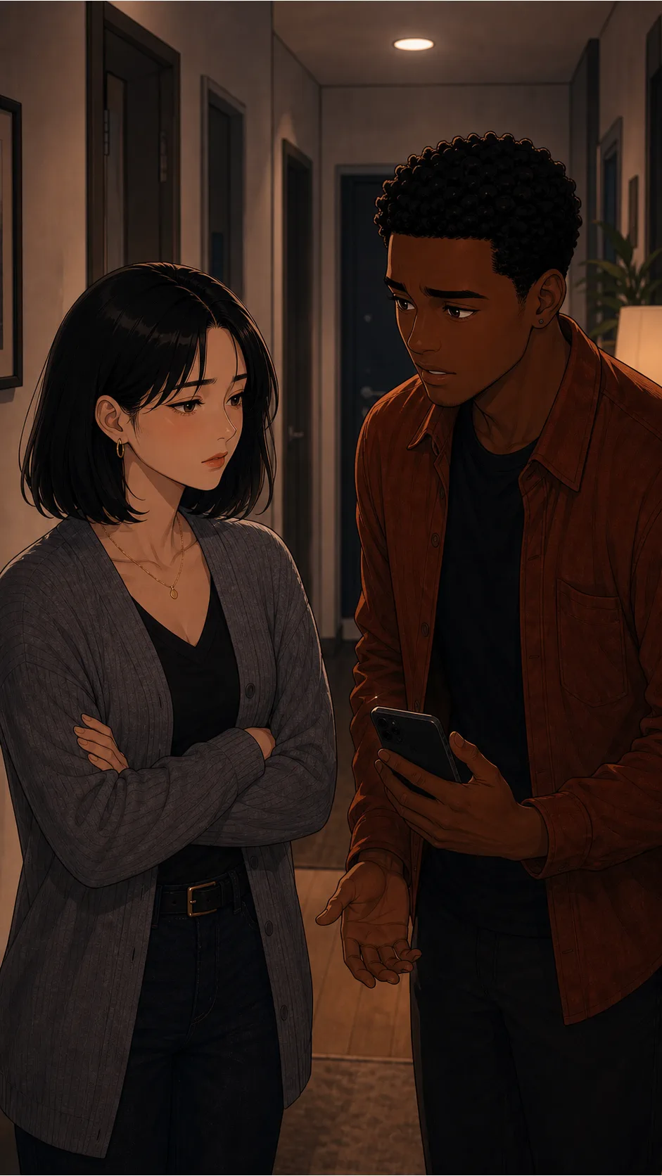 Iris and Caleb discuss the profile bio in a quiet hallway.