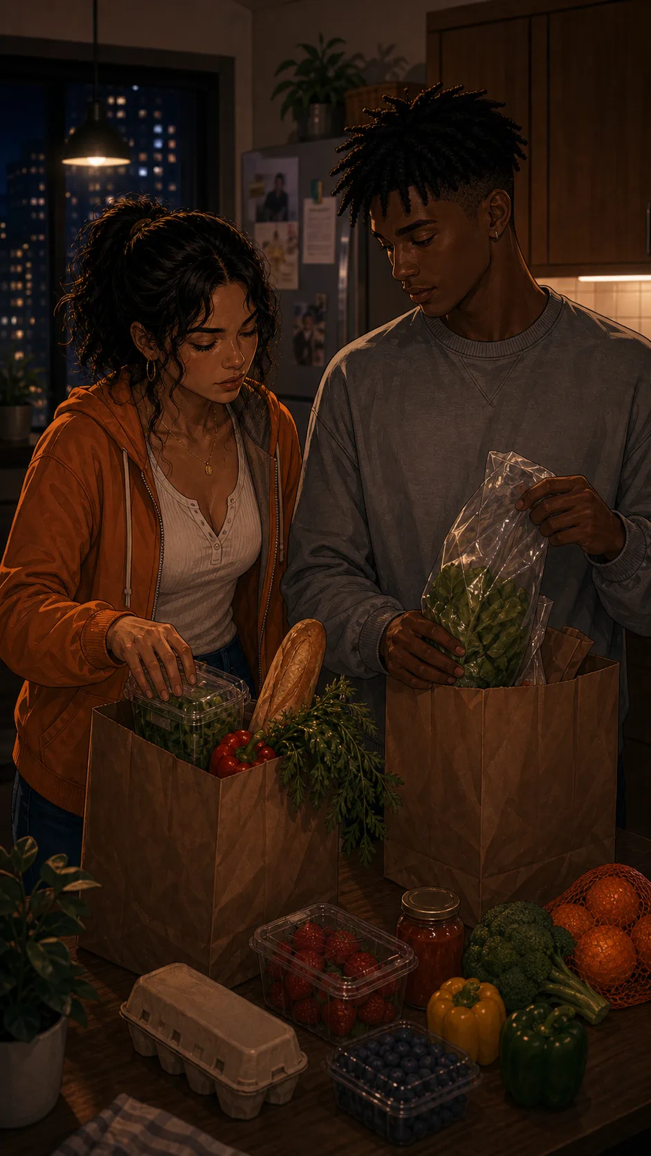 Tara and Miles unpack shared groceries in the apartment kitchen.