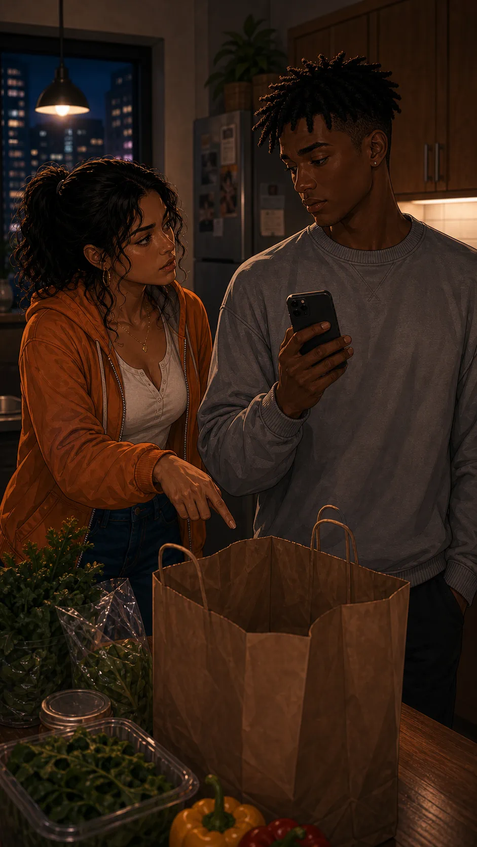 Miles reports missing grocery items on his phone.