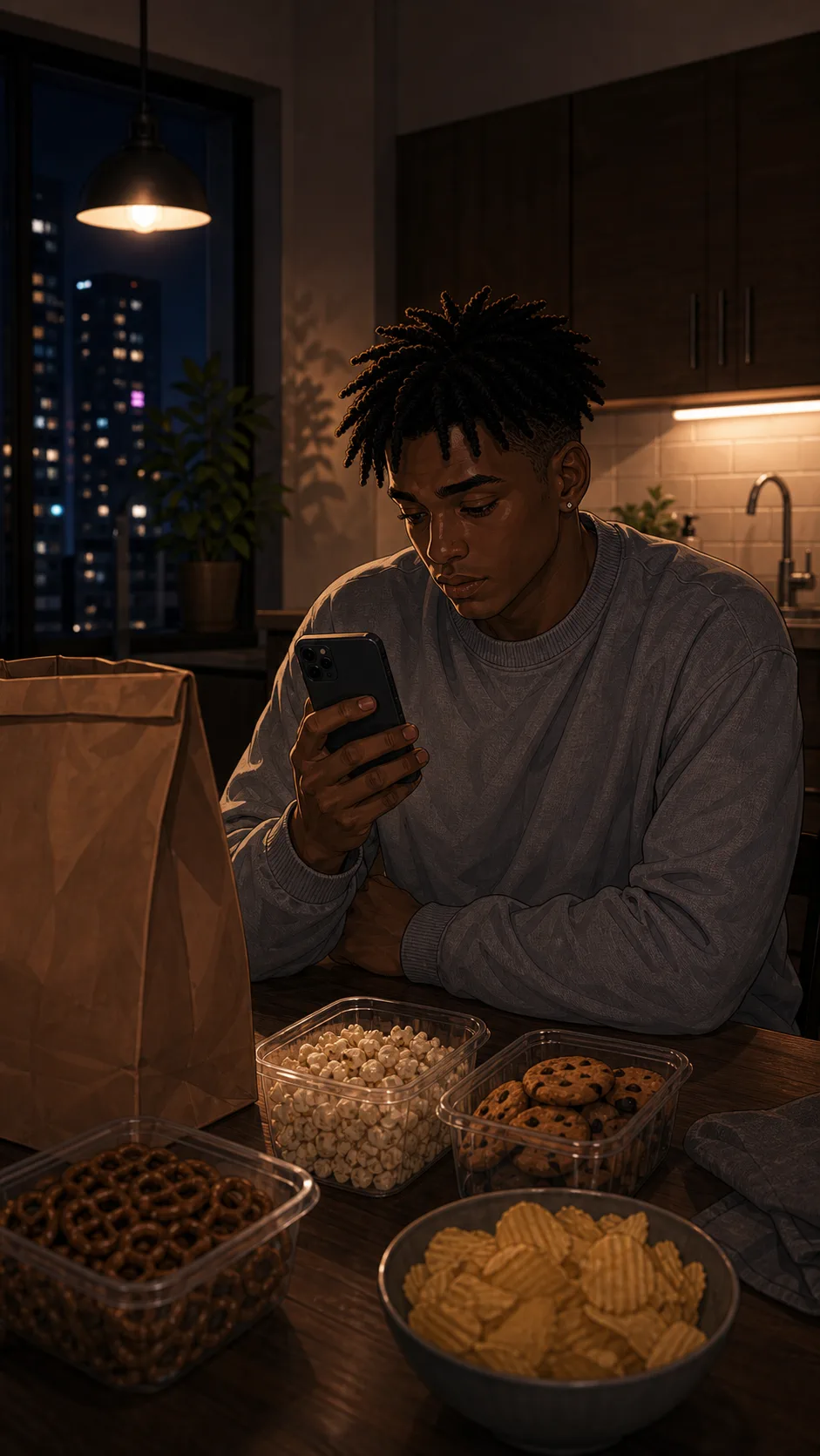 Miles orders solo snacks at night with his phone angled toward himself.