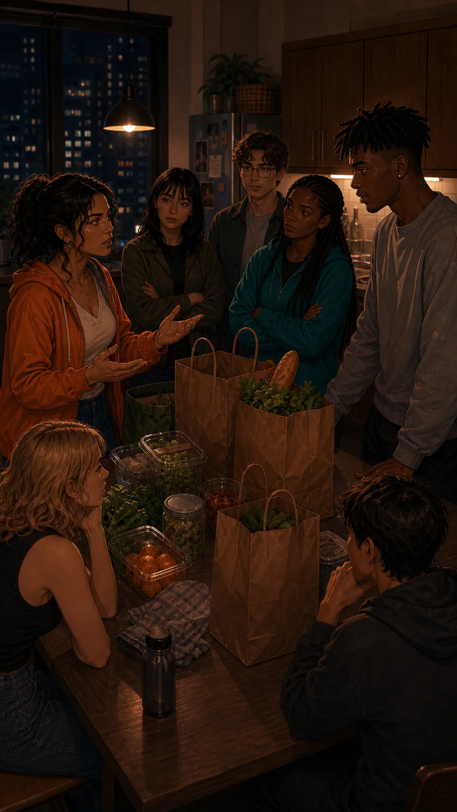 Roommates gather around the kitchen island over the grocery refund.