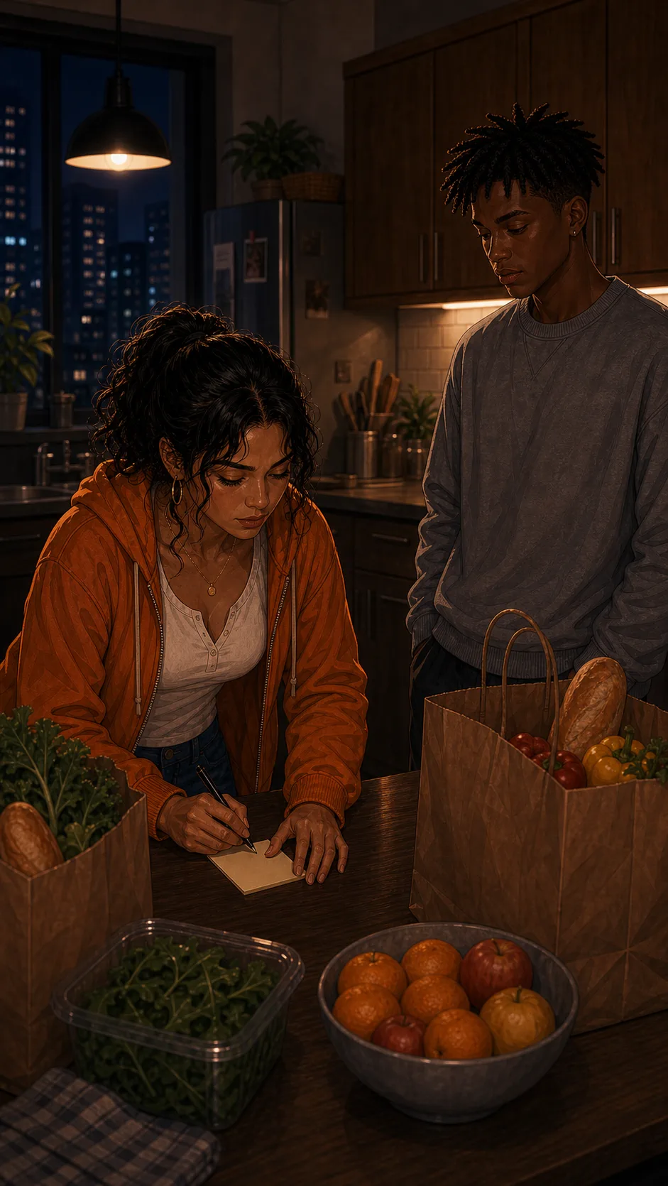Tara writes a new grocery rule while Miles waits nearby.