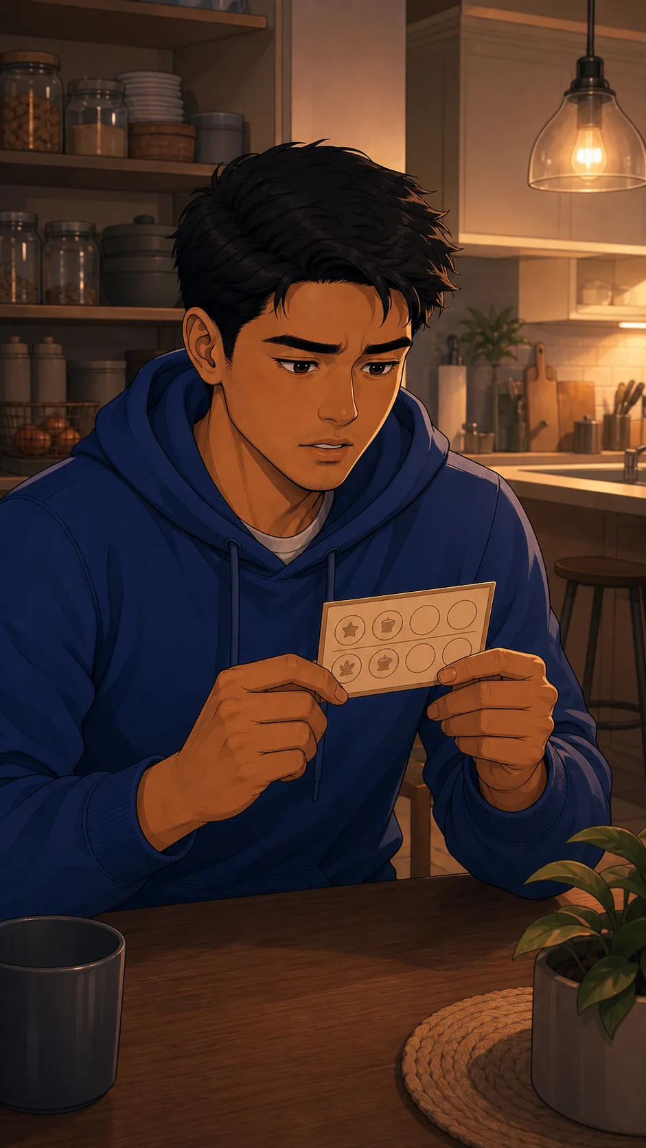 Cam checks his grocery stamp card at the kitchen table.