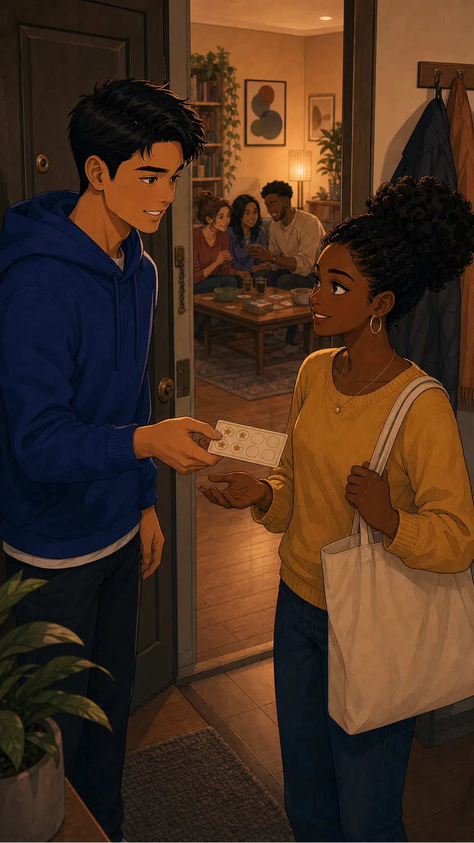 Cam hands Rae his grocery stamp card before the snack run.