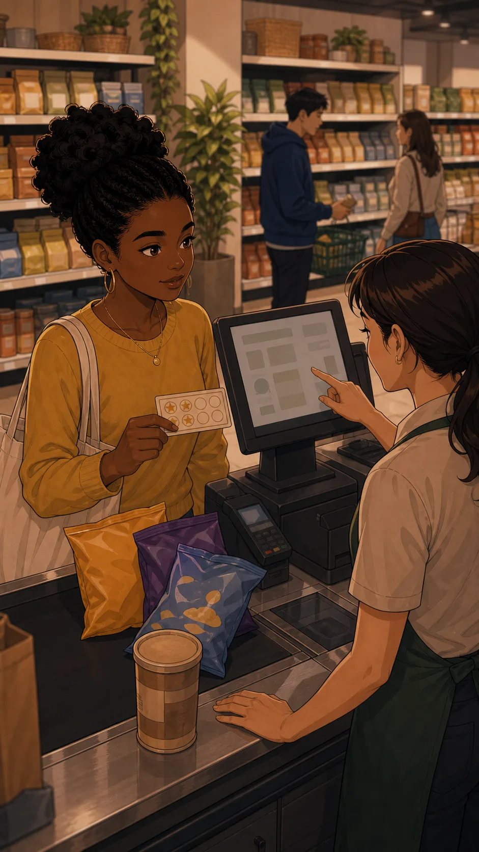 Rae uses Cam's grocery card during checkout for group snacks.