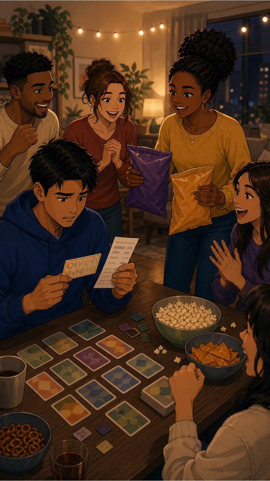 Friends cheer for the snack discount while Cam checks his card.