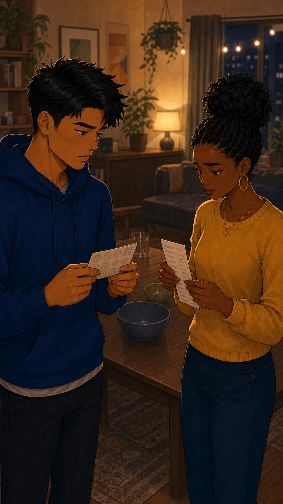 Cam and Rae look at the grocery stamp card after game night.