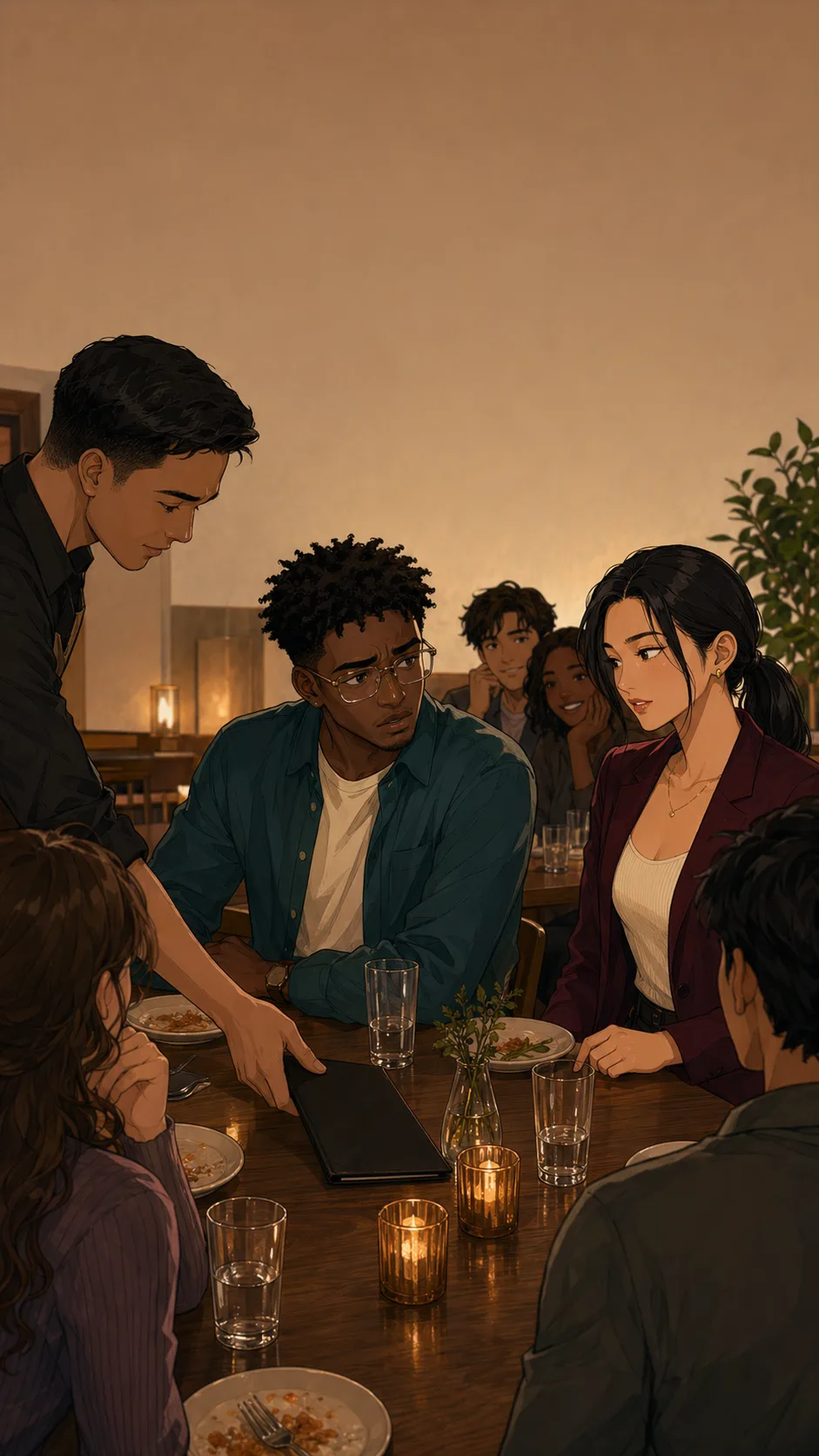 Morgan sits with friends at a generic birthday dinner as a server places a plain check folder on the table.