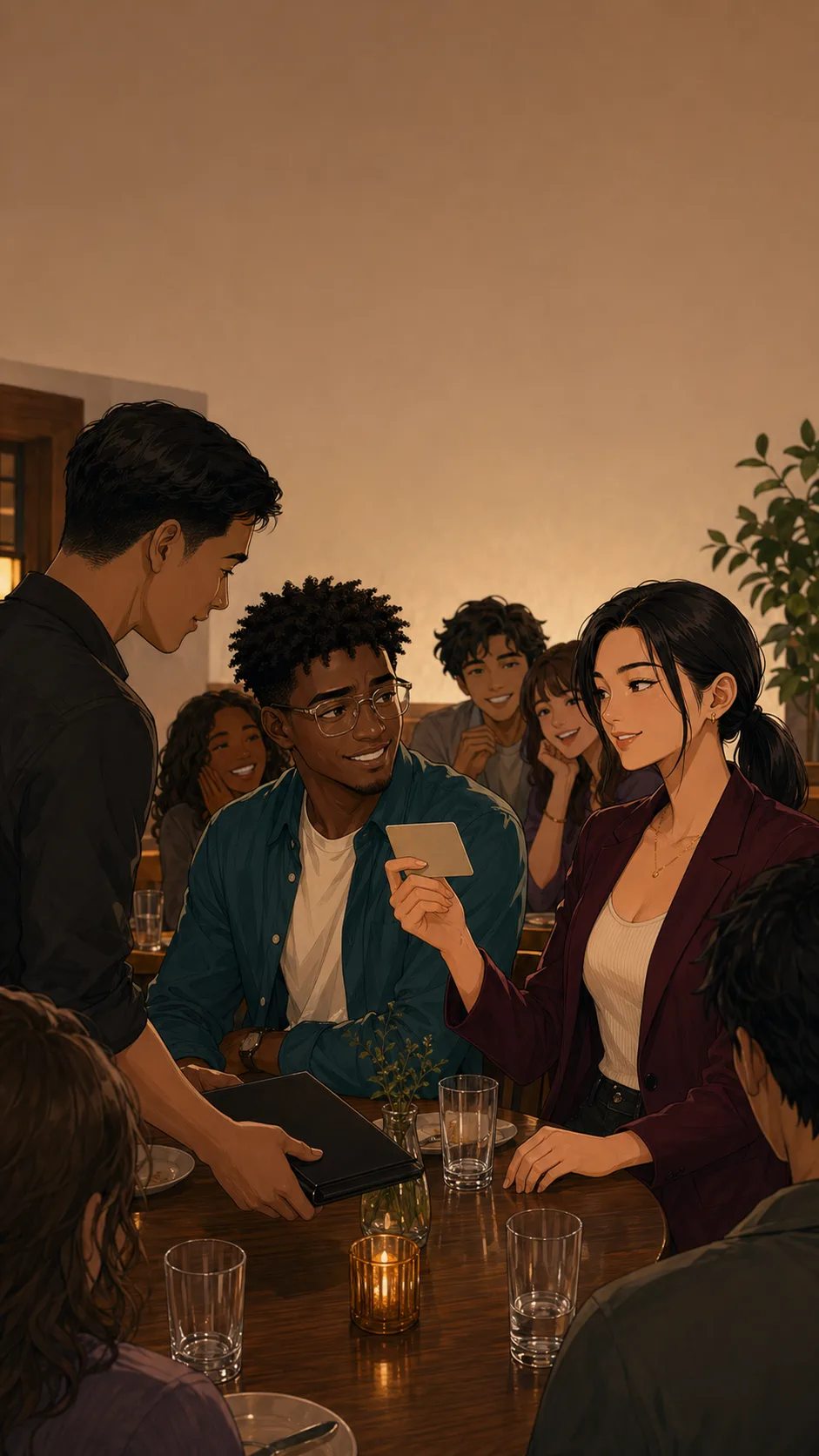 Paige holds up a plain payment card at a generic restaurant table while Morgan and friends look relieved.