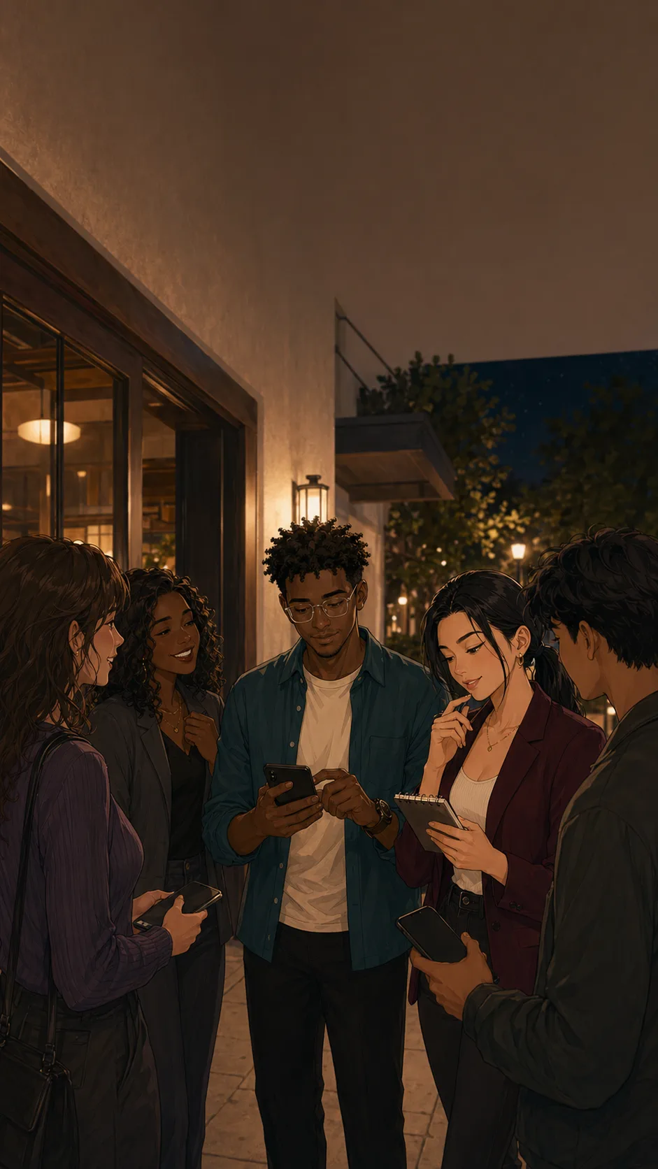 Friends stand outside a generic restaurant at night sending Paige their shares on phones with unreadable screens.