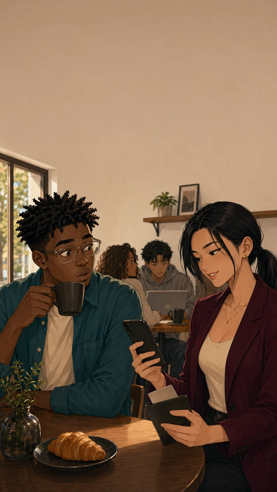 Paige smiles casually in a generic coffee shop while Morgan looks surprised across the table.