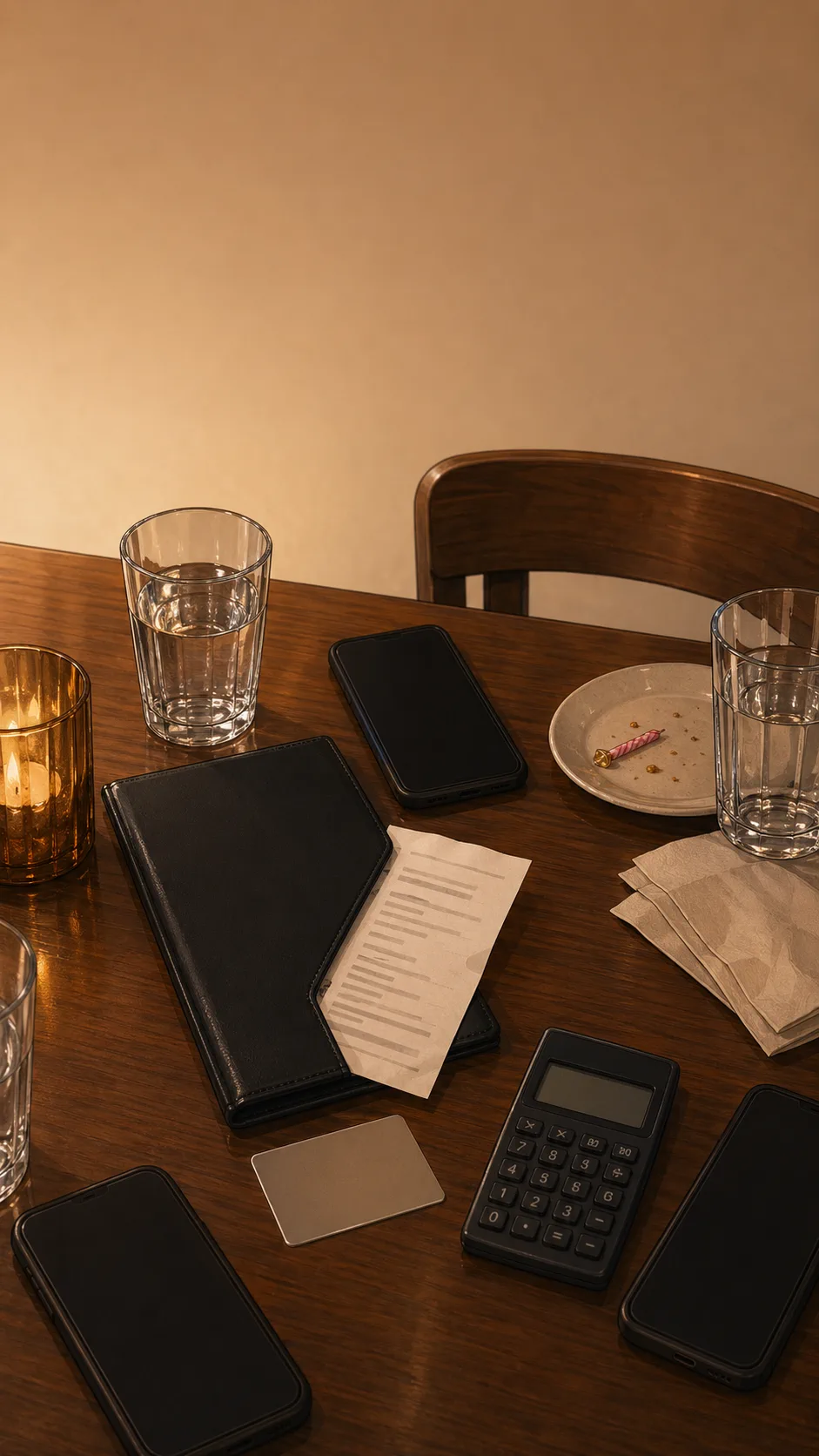 A generic restaurant tabletop shows a plain check folder, unreadable receipt, face-down phones, an unbranded card, calculator, napkins, glasses, and a candle stub.