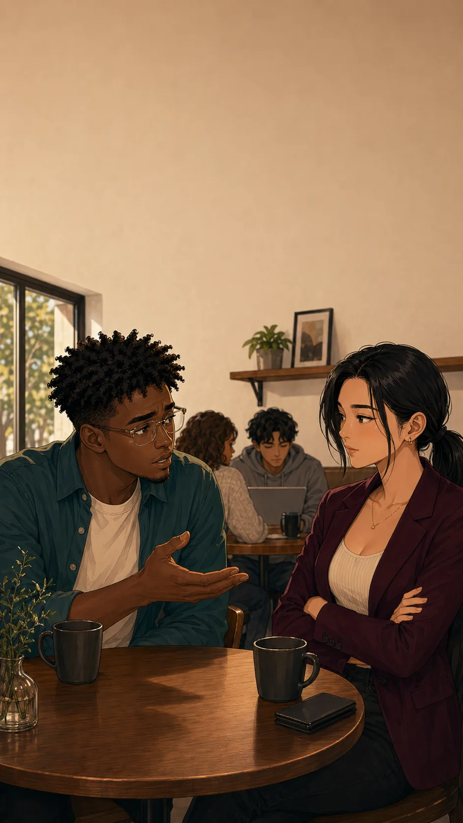 Morgan and Paige disagree at a generic coffee shop table, both serious but calm.