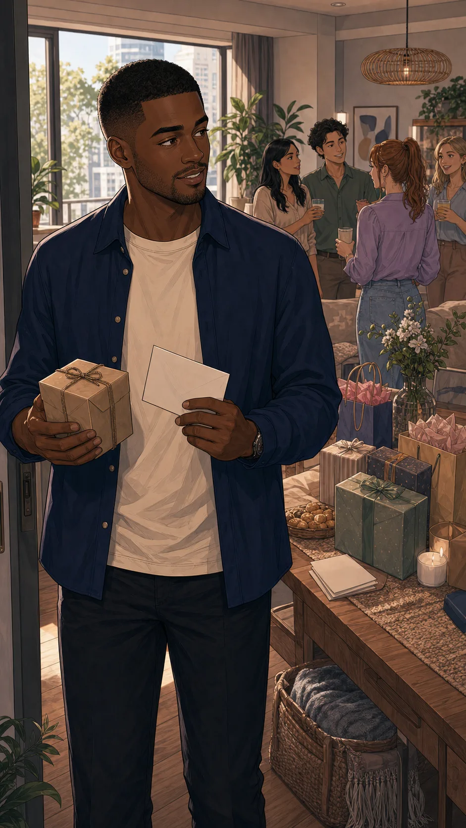 Devon arrives with a small wrapped gift and blank envelope.