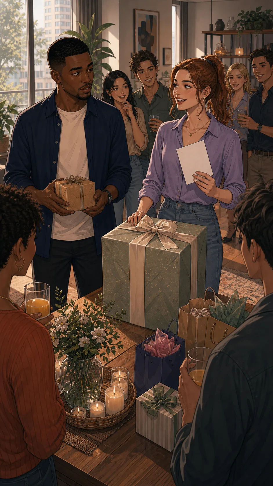 Lexi presents a large wrapped gift to friends.