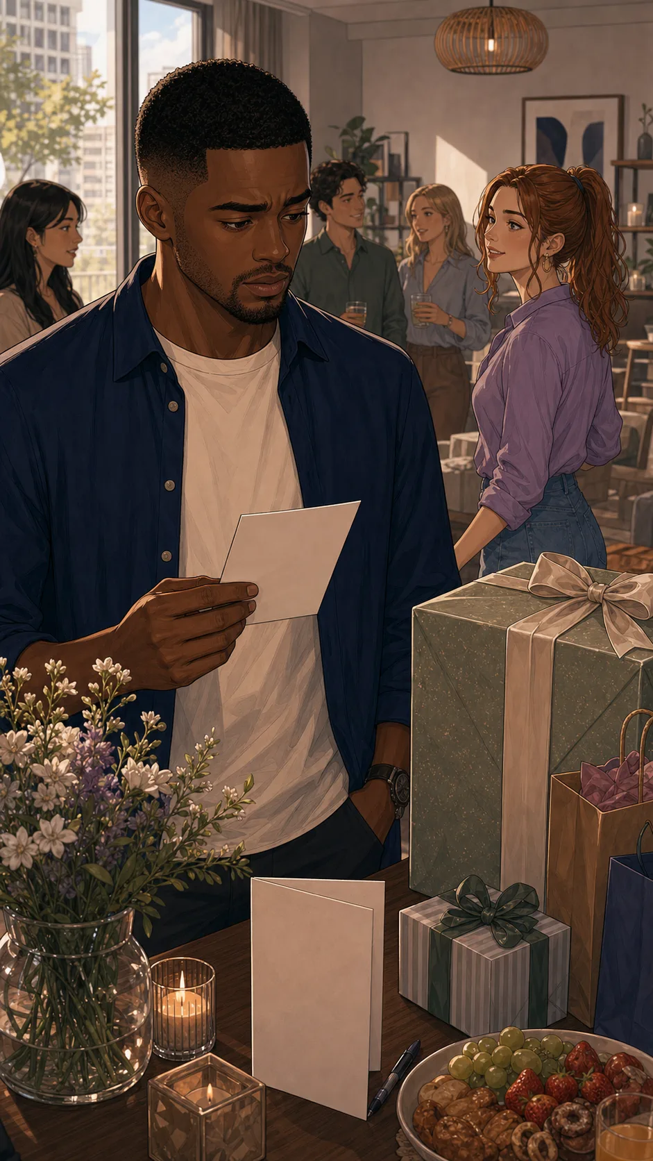 Devon looks at a blank group card on the gift table.