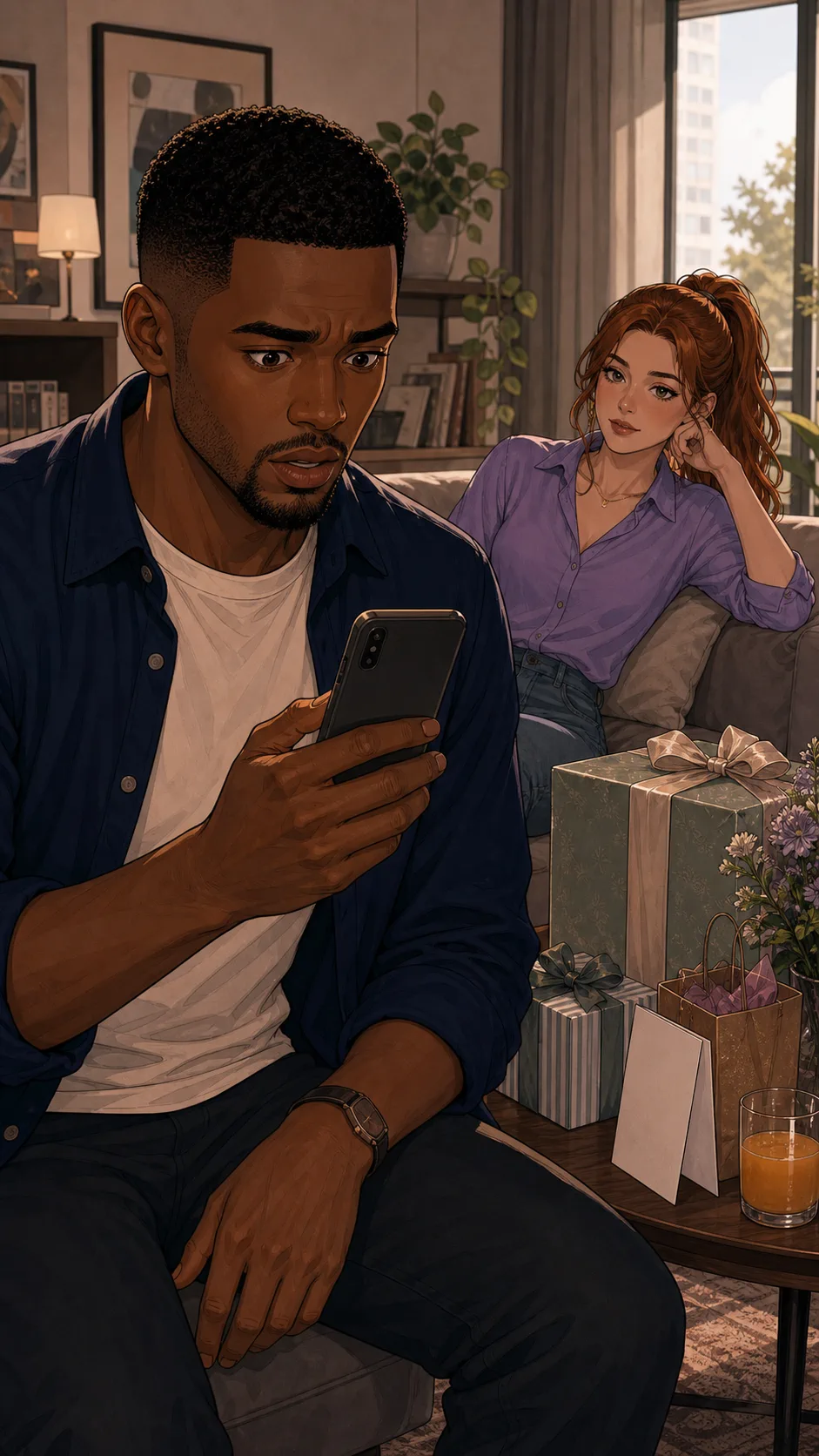 Devon checks his phone with the screen facing him while Lexi watches.