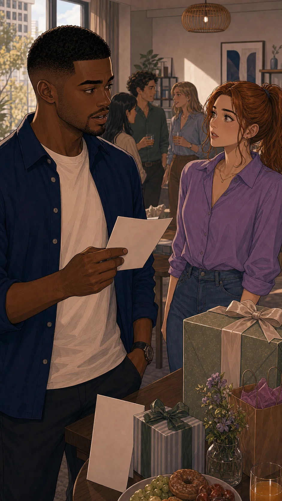 Devon calmly explains beside the gift table.